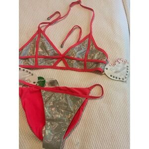 Beach Bunny Oasis Bikini Set, Hot Pink Silver, Top XL bottom L NWT‎
